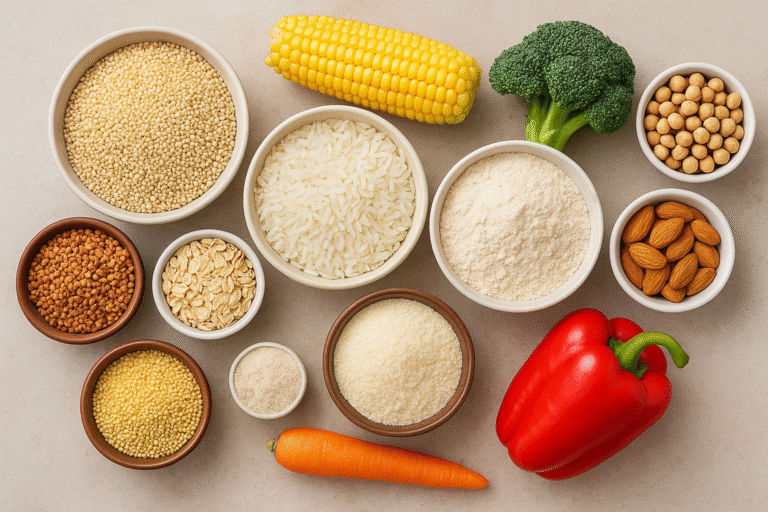 Flat lay of gluten-free ingredients on a kitchen counter including quinoa, fresh vegetables, and nuts”