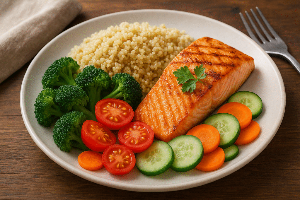 Colorful plate of salmon, quinoa, and vegetables for a gluten free meal plan
