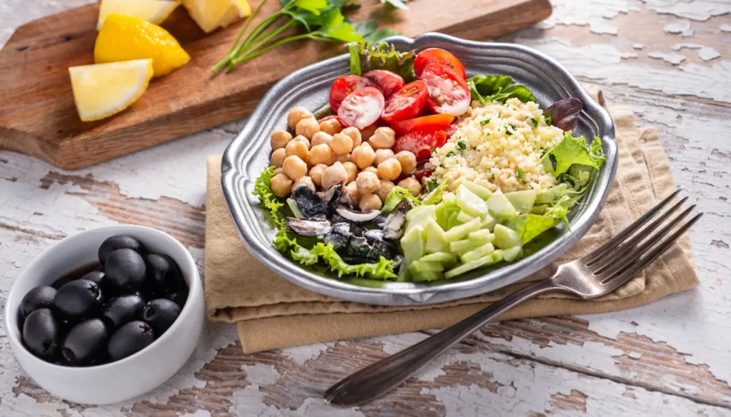 A clean Mediterranean grain bowl with quinoa, chickpeas, cucumber, tomatoes, olives, and feta cheese.